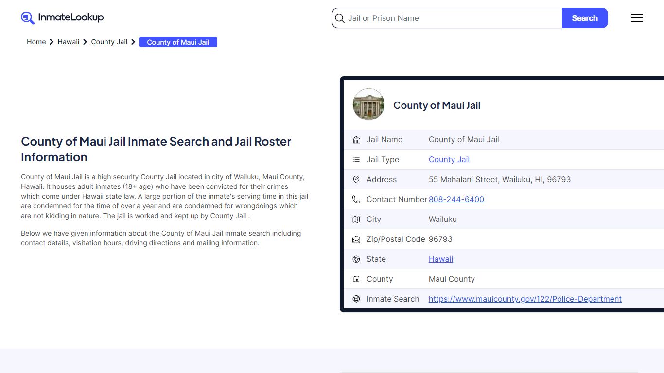 County of Maui Jail Inmate Search - Wailuku Hawaii - Inmate Lookup
