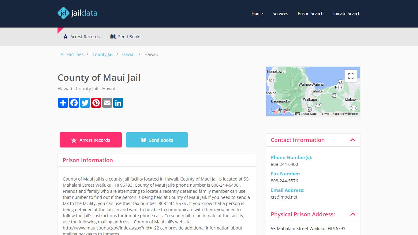 County of Maui Jail Inmate Search and Prisoner Info - Wailuku, HI